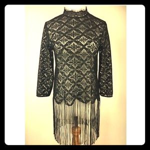 Zara Zara Basic Eyelash Lace Fringe Top Mock Neck